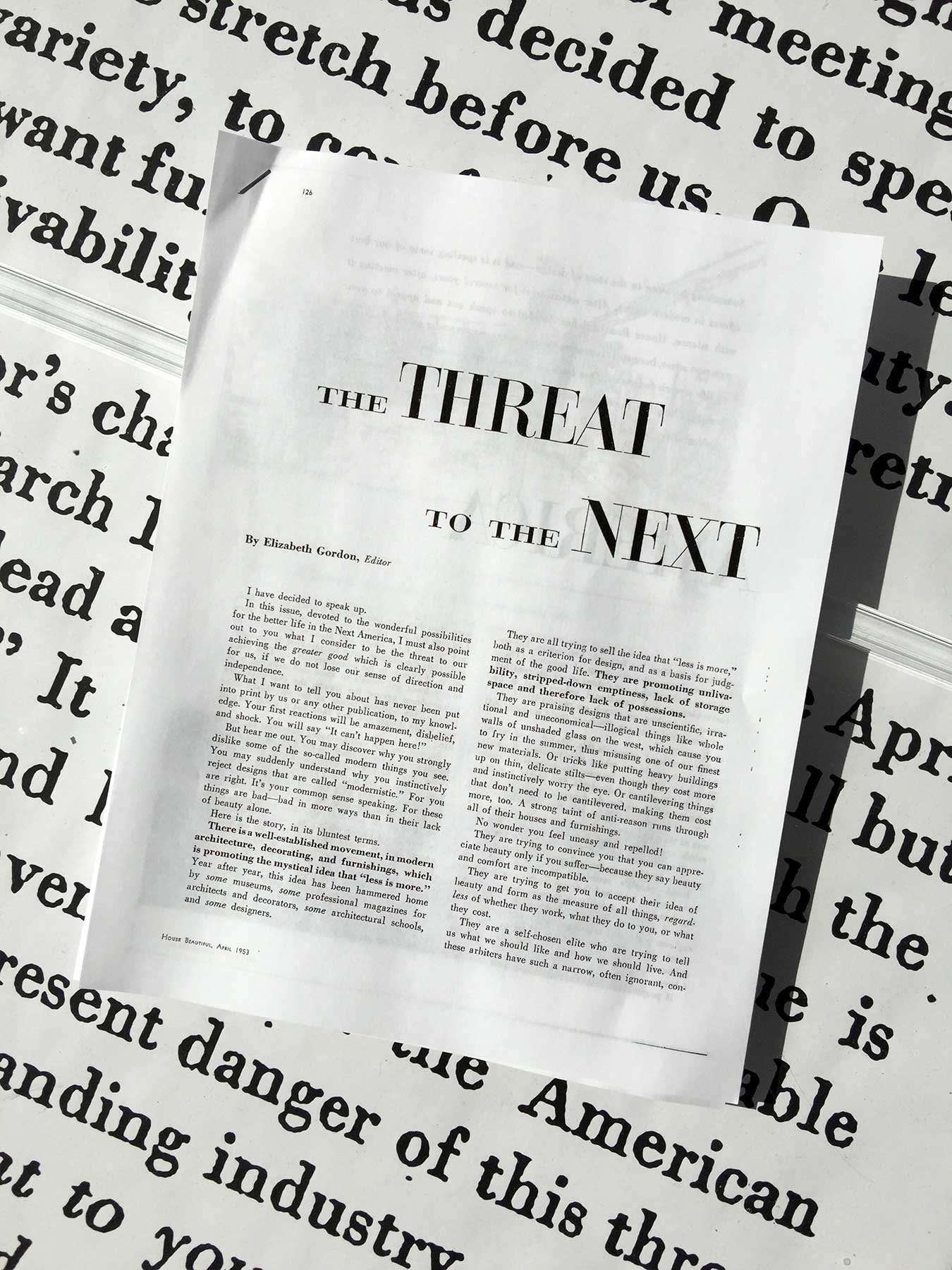 Printed out copy of the Elizabeth Gordon's article The Threat