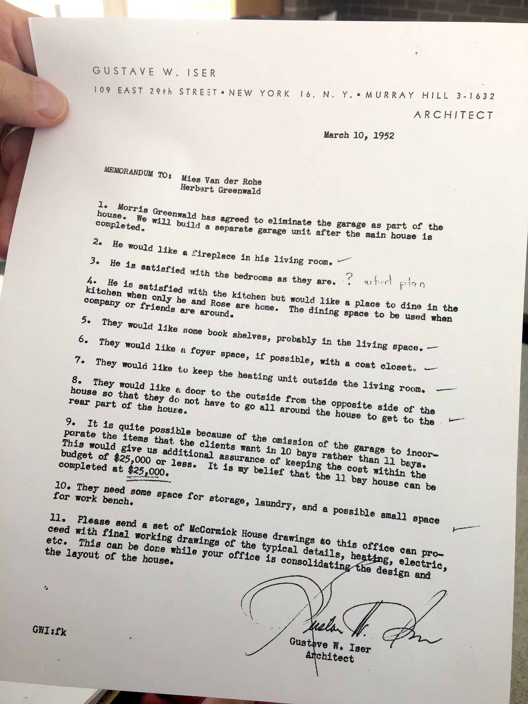 Greenwald House, McCormick House, letter, correspondence, Mies van der Rohe, Gustave W. Iser