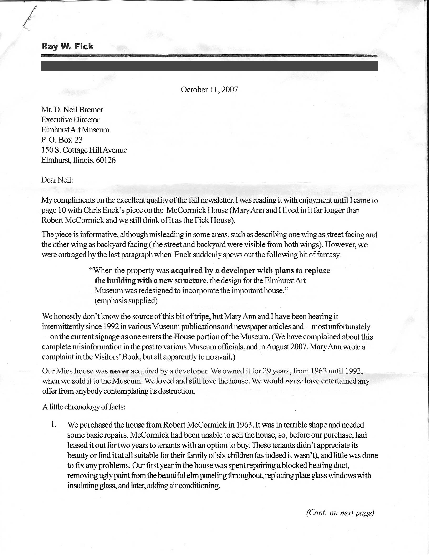 Response, Neil Bremer, director Elmhurst Art Museum, 2007, McCormick House